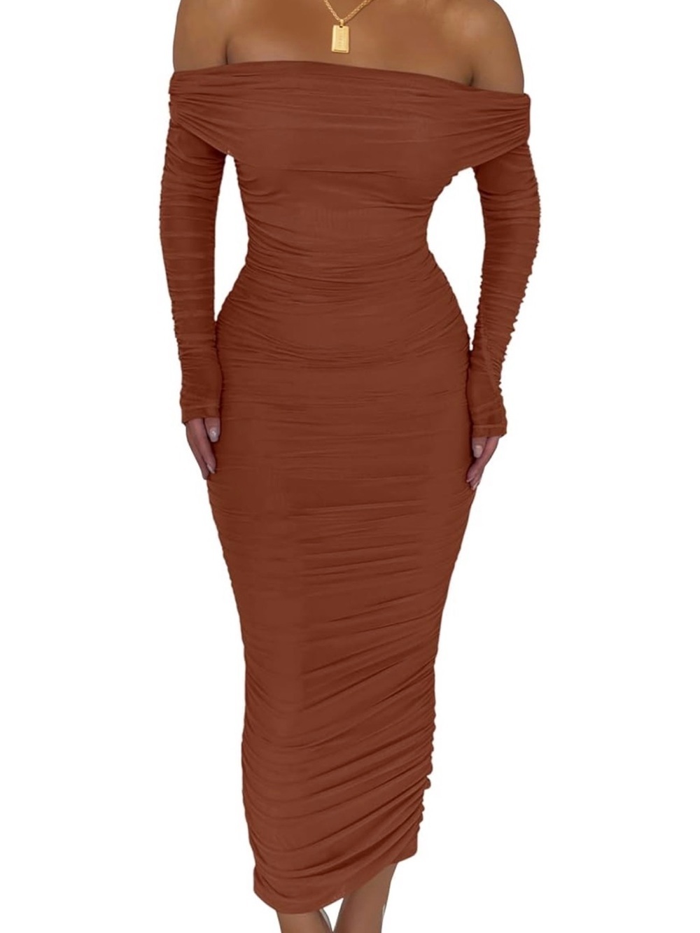 NWT Off-Shoulder Ruched Strapless Midi Dress in Rust Bodycon Strapless, Large